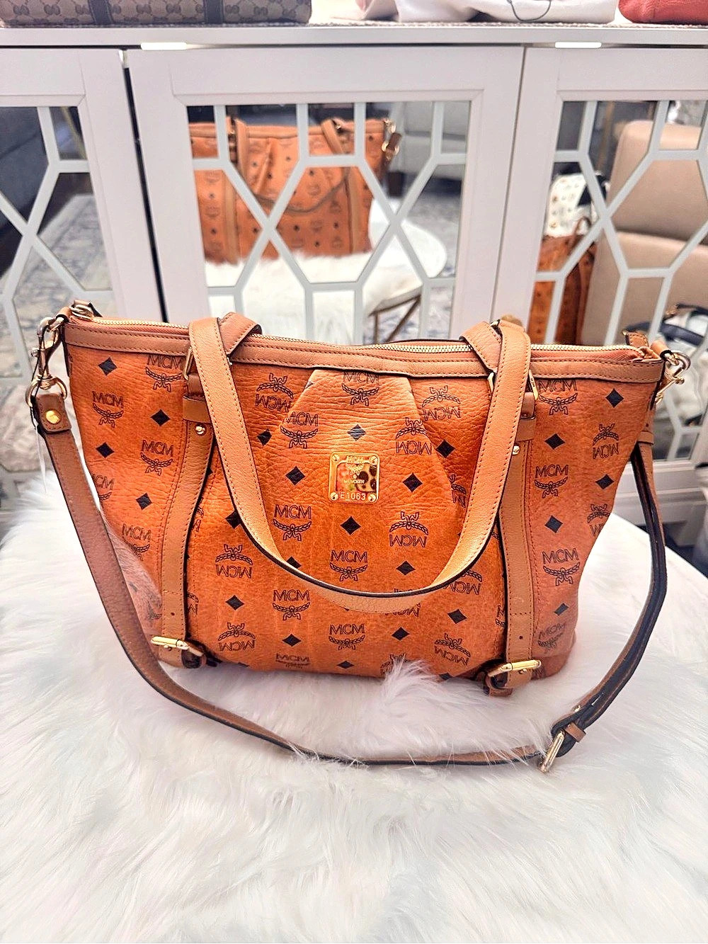 MCM Cognac Visetos Monogram Shopper Two-Way Tote Bag - Picture 5 of 14